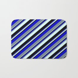 [ Thumbnail: Blue, Light Slate Gray, Light Cyan, and Black Colored Lined/Striped Pattern Bath Mat ]