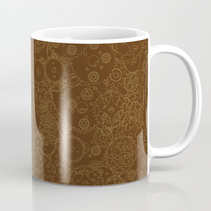 Clockwork Retro / Cogs and clockwork parts lineart pattern in brown and gold Coffee Mug