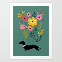 Floral Dachshund Dog Vintage Green Art Print