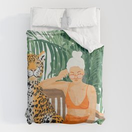 Jungle Vacay | Modern Bohemian Blonde Woman Tropical Travel | Leopard Wildlife Forest Reader Bettbezug