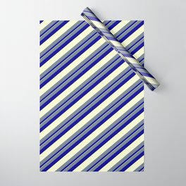 [ Thumbnail: Slate Gray, Dark Blue & Light Yellow Colored Lined Pattern Wrapping Paper ]