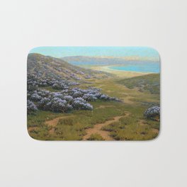Monterey Dunes, Bush Lupine, California Coast by John Marshall Gamble Bath Mat | Bush, Ocean, Lupine, Flowers, Turquoise, Oceanblue, Beaches, Wildflowers, Painting, Beach 