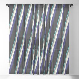 [ Thumbnail: Eye-catching Aqua, Dim Gray, Beige, Midnight Blue & Black Colored Stripes Pattern Sheer Curtain ]