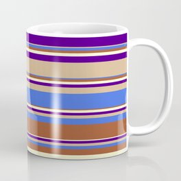 [ Thumbnail: Eyecatching Tan, Royal Blue, Sienna, Light Yellow, and Indigo Colored Lines Pattern Coffee Mug ]