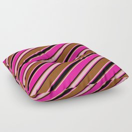 [ Thumbnail: Brown, Light Pink, Deep Pink & Black Colored Stripes/Lines Pattern Floor Pillow ]