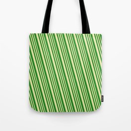 [ Thumbnail: Pale Goldenrod and Forest Green Colored Lined/Striped Pattern Tote Bag ]