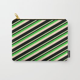 [ Thumbnail: Lime Green, Bisque & Black Colored Lines Pattern Carry-All Pouch ]