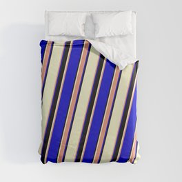 [ Thumbnail: Light Yellow, Dark Salmon, Blue, and Black Colored Striped/Lined Pattern Duvet Cover ]