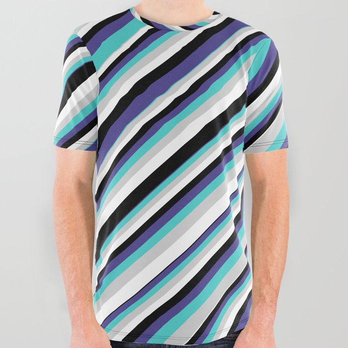 Eyecatching Turquoise, Light Grey, White, Black & Dark Slate Blue Colored Stripes Pattern All Over Graphic Tee