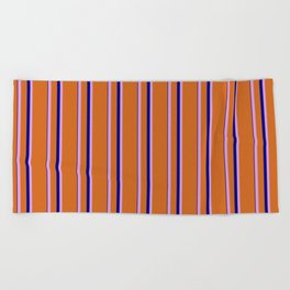 [ Thumbnail: Chocolate, Plum, and Blue Colored Lined/Striped Pattern Beach Towel ]