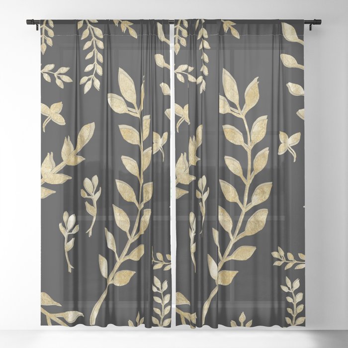 Gold Leaves Pattern 1 Drawing Decor Art Society6 Sheer Curtain By Anitabellajantz Society6