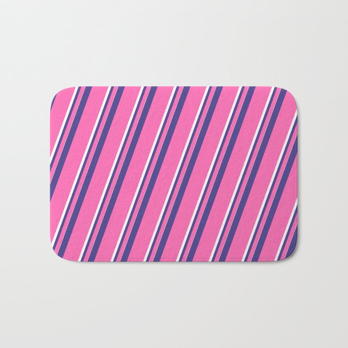 Dark Slate Blue, Hot Pink & White Colored Pattern of Stripes Bath Mat