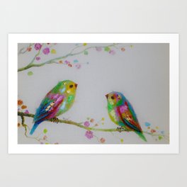 Perched; two songbirds painted buntings watercolor nature portrait painting Art Print