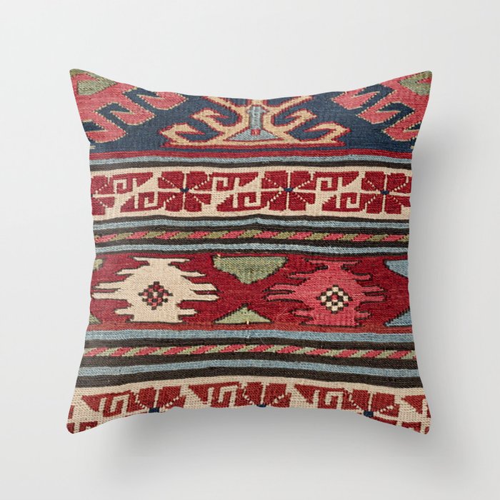 Yellow Red Star Fire Sumakh 19th Century Authentic Colorful Aztec Vibes Vintage Patterns Throw Pillow