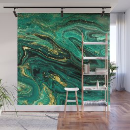 Emerald Green + Yellow Flecked Abstract Ripples Wall Mural