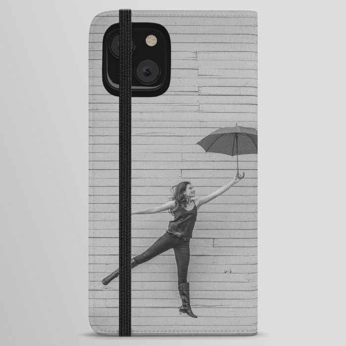 On the way to the break of day; woman flying with umbrella confidence inspirational female black and white photograph - photography - photographs iPhone Wallet Case