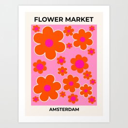Flower Market Amsterdam Flower Market Pink Orange Colors Retro Abstract Flowers Floral Art Modern Art Print