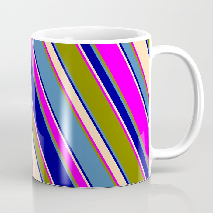 Blue, Dark Blue, Tan, Fuchsia, and Green Colored Stripes/Lines Pattern Coffee Mug