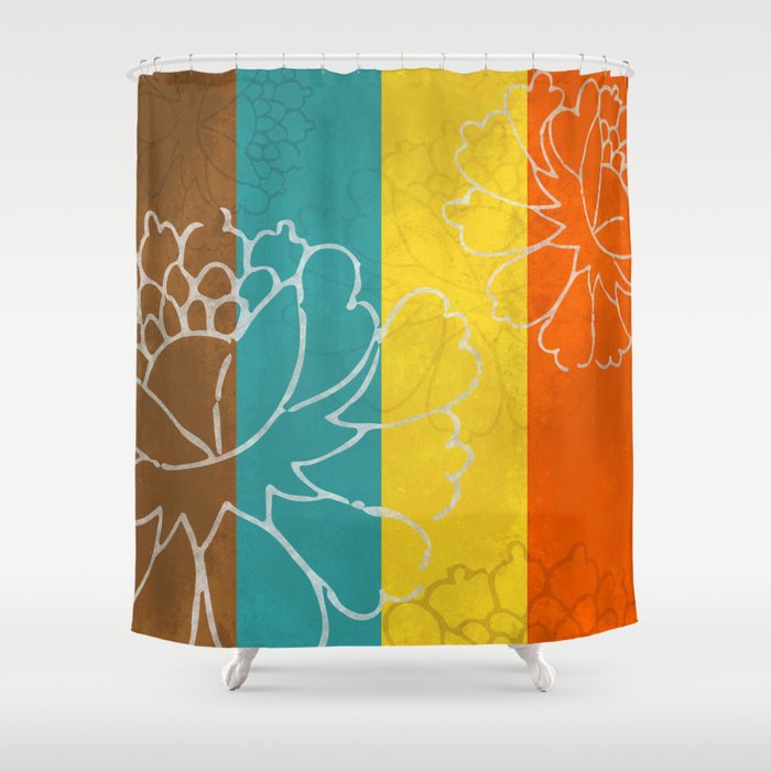 Chinese Flowers Stripes Orange Yellow Turquoise Brown Shower