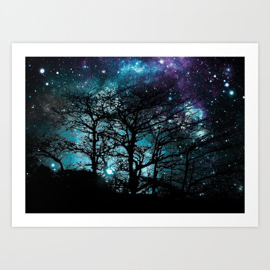 Black Trees Teal Violet space Art Print