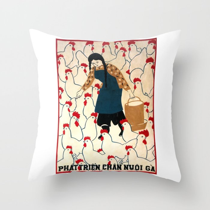 Vintage Vietnamese Chicken Poster Phát Triển Chăn Nuôi Gà Throw Pillow