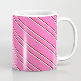 [ Thumbnail: Hot Pink, Brown, and Mint Cream Colored Striped Pattern Coffee Mug ]