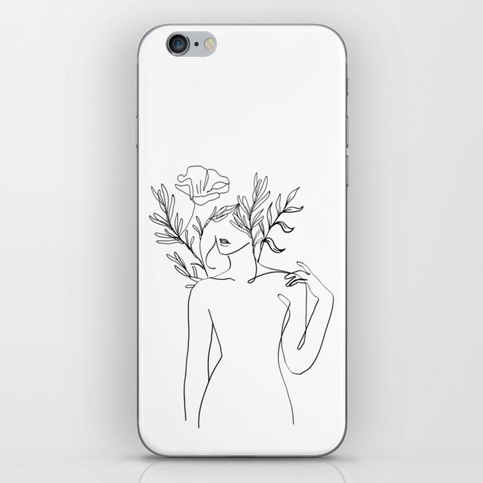 Minimal Line Art Woman with flowers iPhone Skin