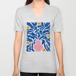 Summer Bloom: Electric Blue Leaves & Golden Poppies V Neck T Shirt