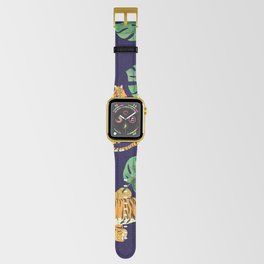 Modern Trendy Jungle Monstera and Tigers with Gold Spots Pattern Apple Watch Band