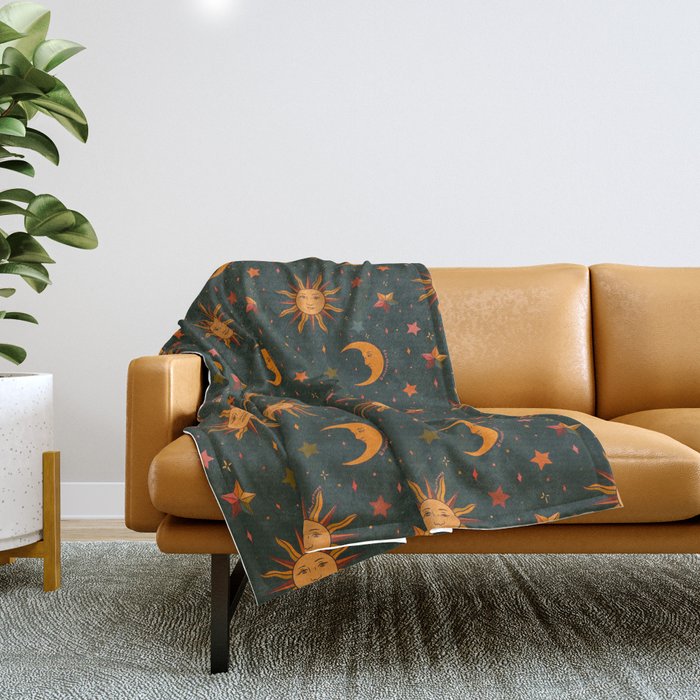 Folk Moon and Star Print in Teal Throw Blanket by Doodle by Meg