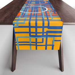 Yellow Abstract Geometric Blue Lines Pattern Art Decoration Table Runner