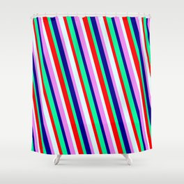 [ Thumbnail: Vibrant Violet, Dark Blue, Green, Red, and Light Cyan Colored Lines Pattern Shower Curtain ]