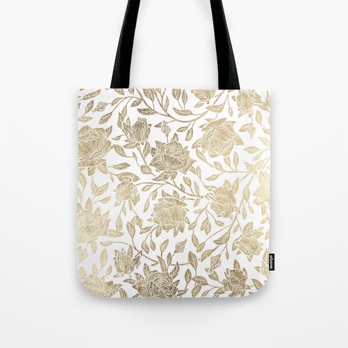 Elegant White Gold Luxury Roses Floral Tote Bag