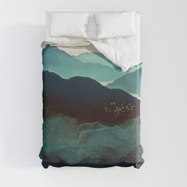 Indigo Mountains Duvet Cover | Birds, Abstract, Mint, Curated, Landscape, Aqua, Travel, Gold, Watercolor, Dream 