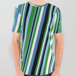 [ Thumbnail: Eye-catching Sky Blue, Forest Green, White, Blue & Black Colored Lined Pattern All Over Graphic Tee ]