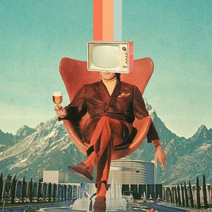 collage design of a man with a tv for a head
