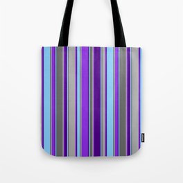 [ Thumbnail: Eye-catching Light Sky Blue, Indigo, Purple, Dark Gray & Dim Grey Colored Lines Pattern Tote Bag ]