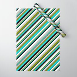 [ Thumbnail: Colorful Grey, Green, Dark Turquoise, Black, and Mint Cream Colored Lined/Striped Pattern Wrapping Paper ]