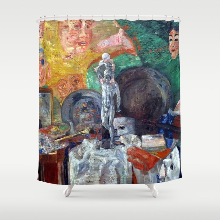 Attributes of an artist's studio & palette surrealism portrait painting by James Ensor Shower Curtain