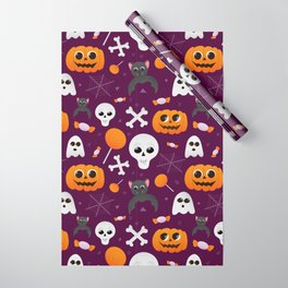 Halloween Cute Seamless Pattern with Pumpkins, Ghosts, Bats, Skulls and Sweets Wrapping Paper