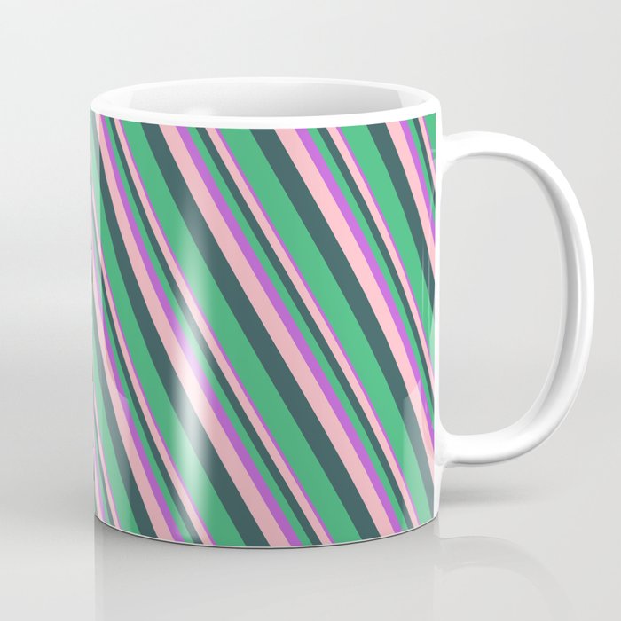 Orchid, Light Pink, Dark Slate Gray, and Sea Green Colored Lines/Stripes Pattern Coffee Mug