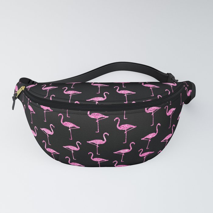 Pink Glitter Flamingo Pattern  |  Black Background Fanny Pack