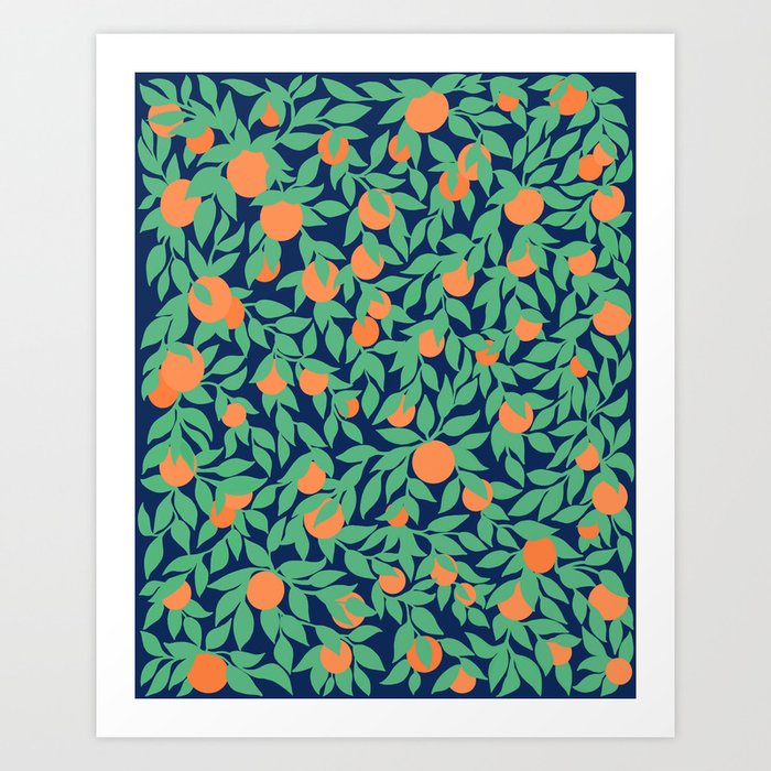 Oranges and Leaves Pattern - Navy Blue Art Print