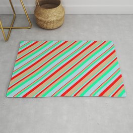 [ Thumbnail: Red, Tan, Green, and Light Blue Colored Lines Pattern Rug ]