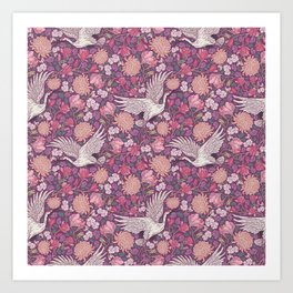 Cranes with chrysanthemums and pink magnolia on purple background Art Print