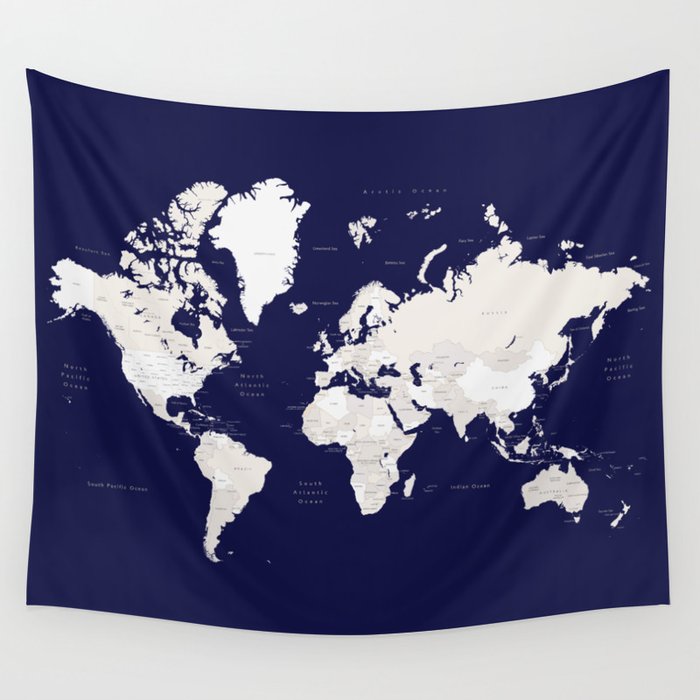 Navy blue and cream world map, "Austin" Wall Tapestry
