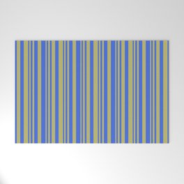 [ Thumbnail: Dark Khaki & Royal Blue Colored Striped Pattern Welcome Mat ]