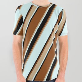 [ Thumbnail: Brown, Tan, Light Cyan & Black Colored Striped/Lined Pattern All Over Graphic Tee ]
