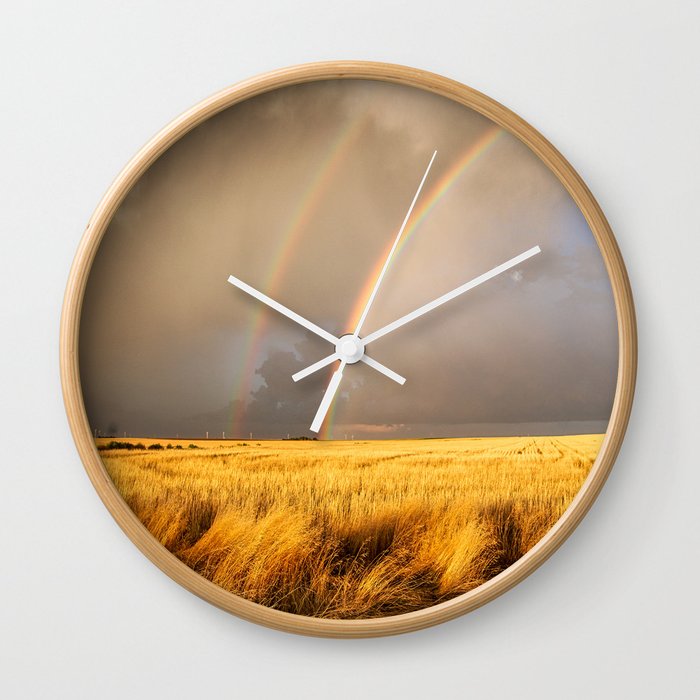 Pot O' Gold - Brilliant Rainbow Ends in Golden Wheat Field on Autumn Day in Kansas Wall Clock