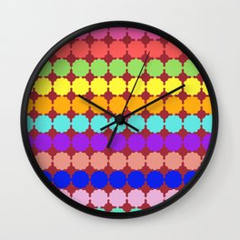 Stylized round multi-colored flowers (red background) Wall Clock